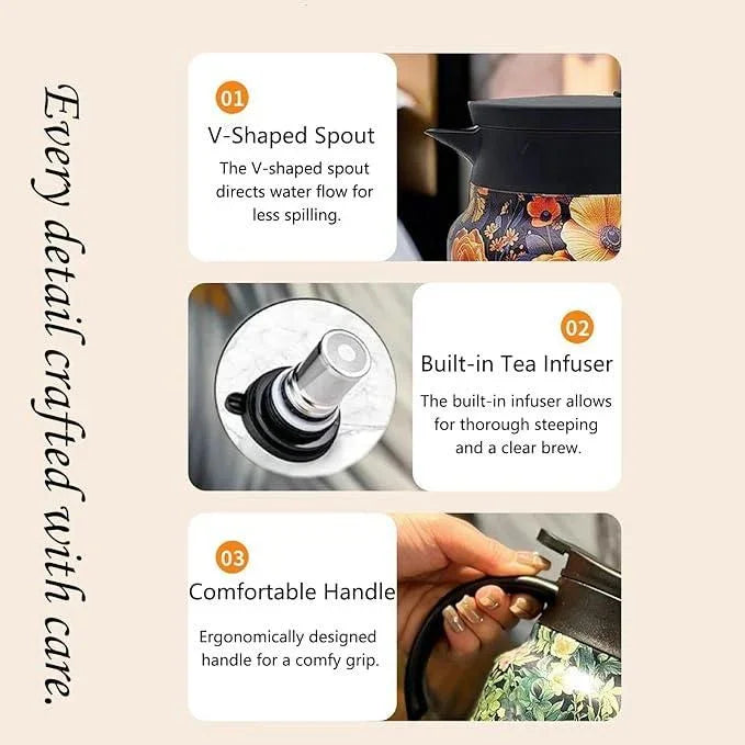 Tea infuser with features highlighted on a beige background