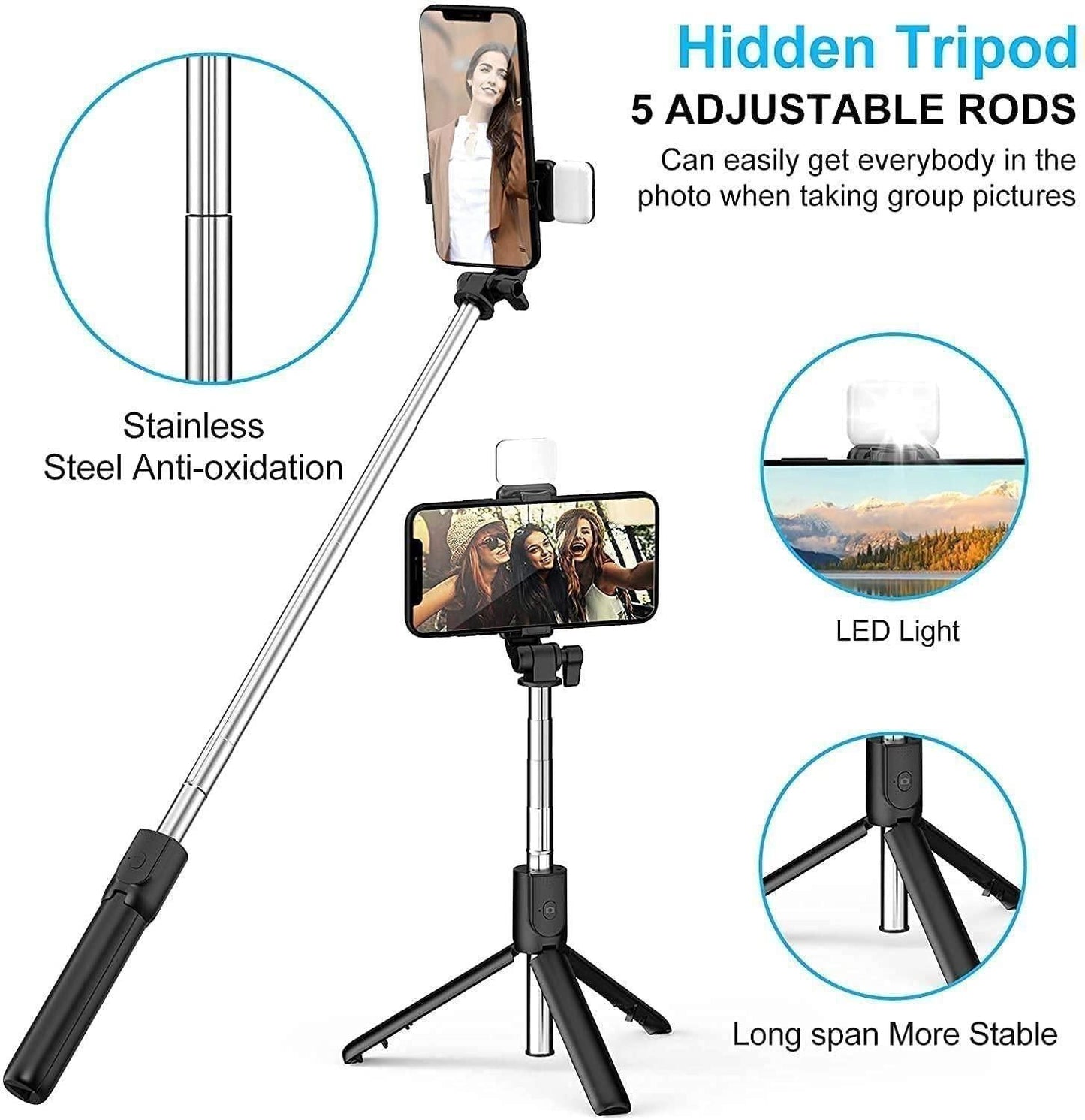 3-in-1 Compact Bluetooth Selfie Stick Tripod with Flash