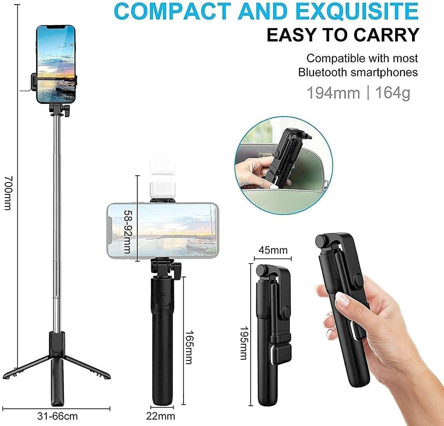 3-in-1 Compact Bluetooth Selfie Stick Tripod with Flash
