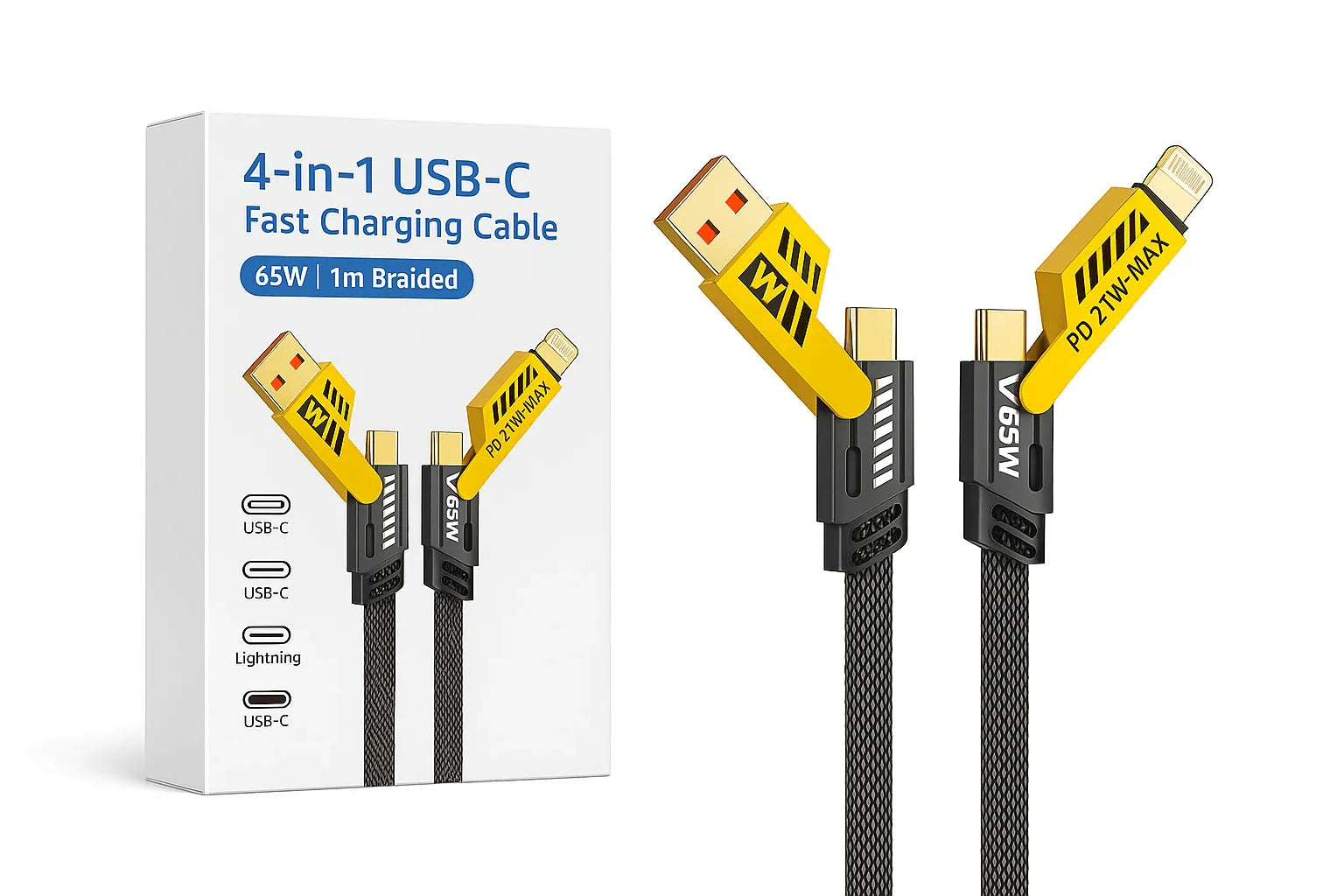 4-in-1 USB-C fast charging cable with packaging on a white background