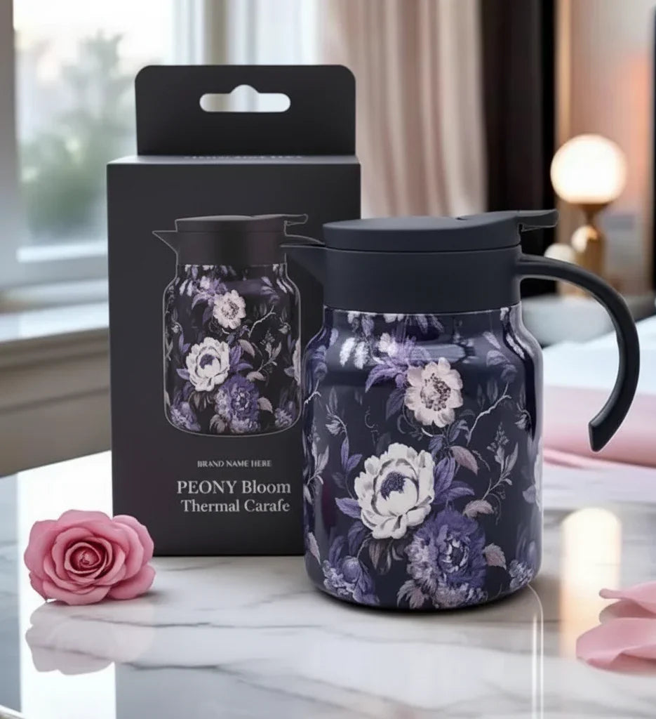 Floral-patterned thermal carafe with packaging on a marble surface