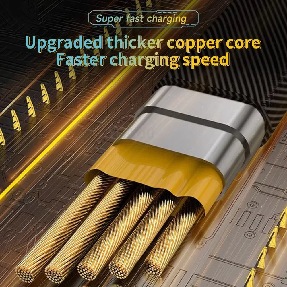 Cable with thicker copper core and text highlighting faster charging speed on a technical background