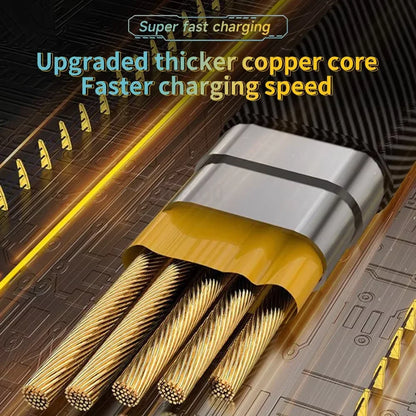 Cable with thicker copper core and text highlighting faster charging speed on a technical background