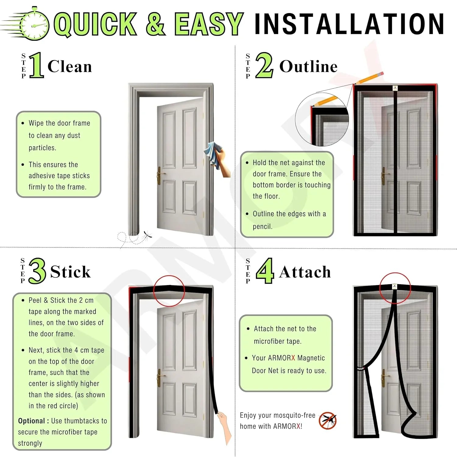 Step-by-step guide for installing a magnetic screen door with illustrations and text.