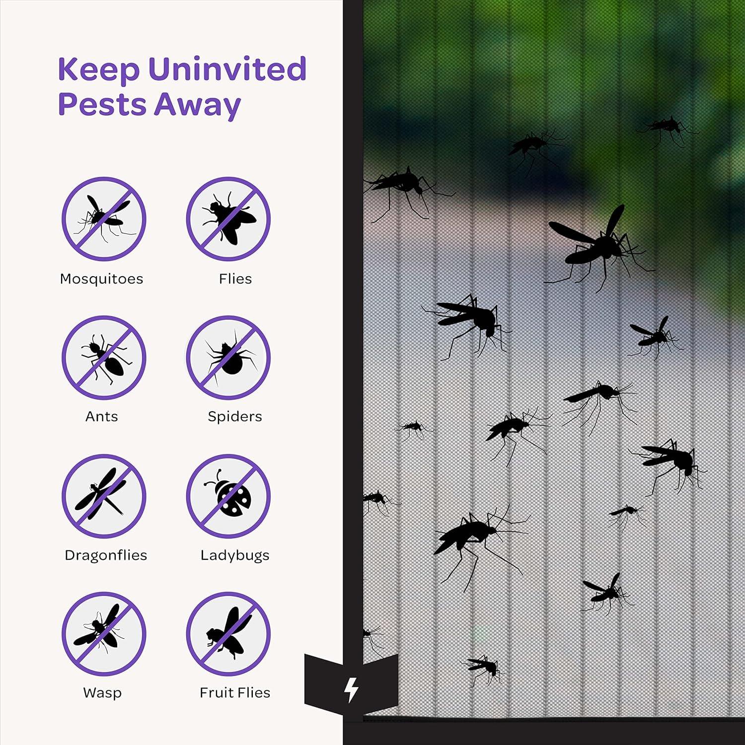 Insect screen with pest icons and text 'Keep Uninvited Pests Away' on a white background.