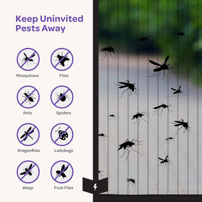 Insect screen with pest icons and text 'Keep Uninvited Pests Away' on a white background.