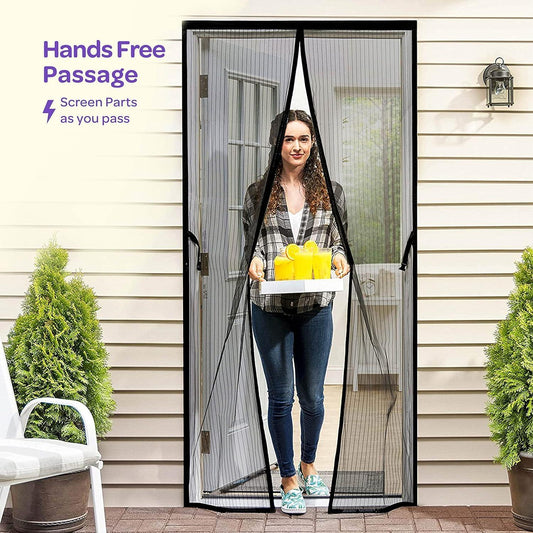 Woman using a hands-free screen door with text 'Hands Free Passage' on a house exterior.