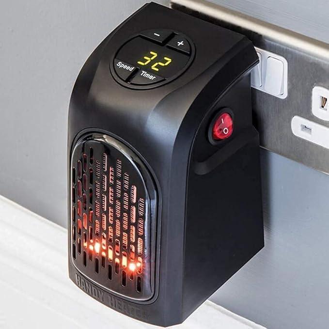 Portable space heater with digital display and control buttons on a gray background