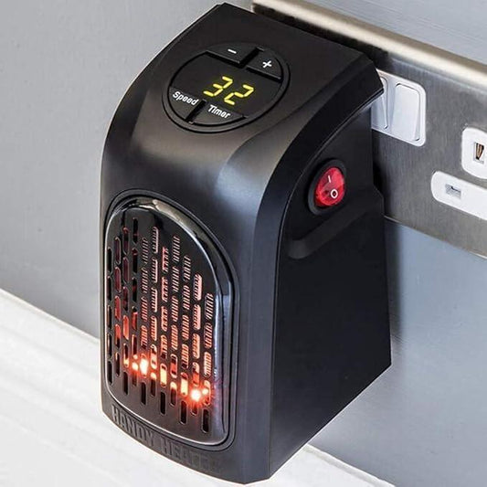 Portable space heater with digital display and control buttons on a gray background