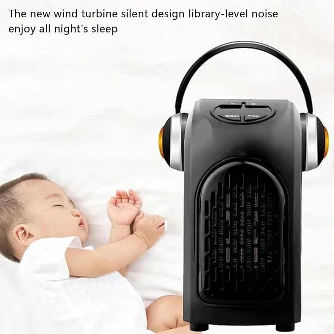 Black portable heater with baby sleeping next to it on a white background
