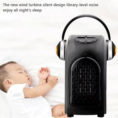 Black portable heater with baby sleeping next to it on a white background