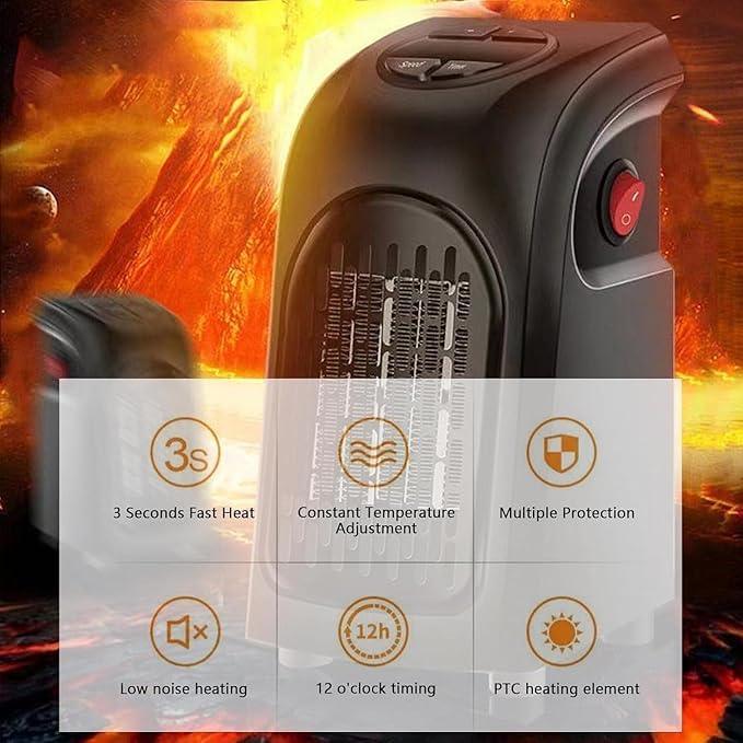 Portable heater with features highlighted on a fiery background