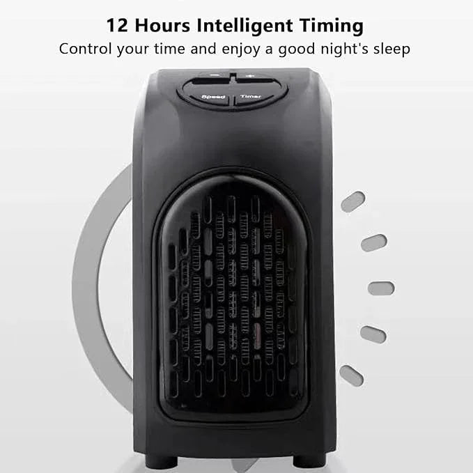 Black portable heater with intelligent timing feature on a white background