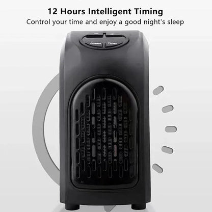 Black portable heater with intelligent timing feature on a white background