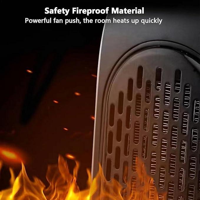 Heater with flames in the background, emphasizing safety fireproof material.