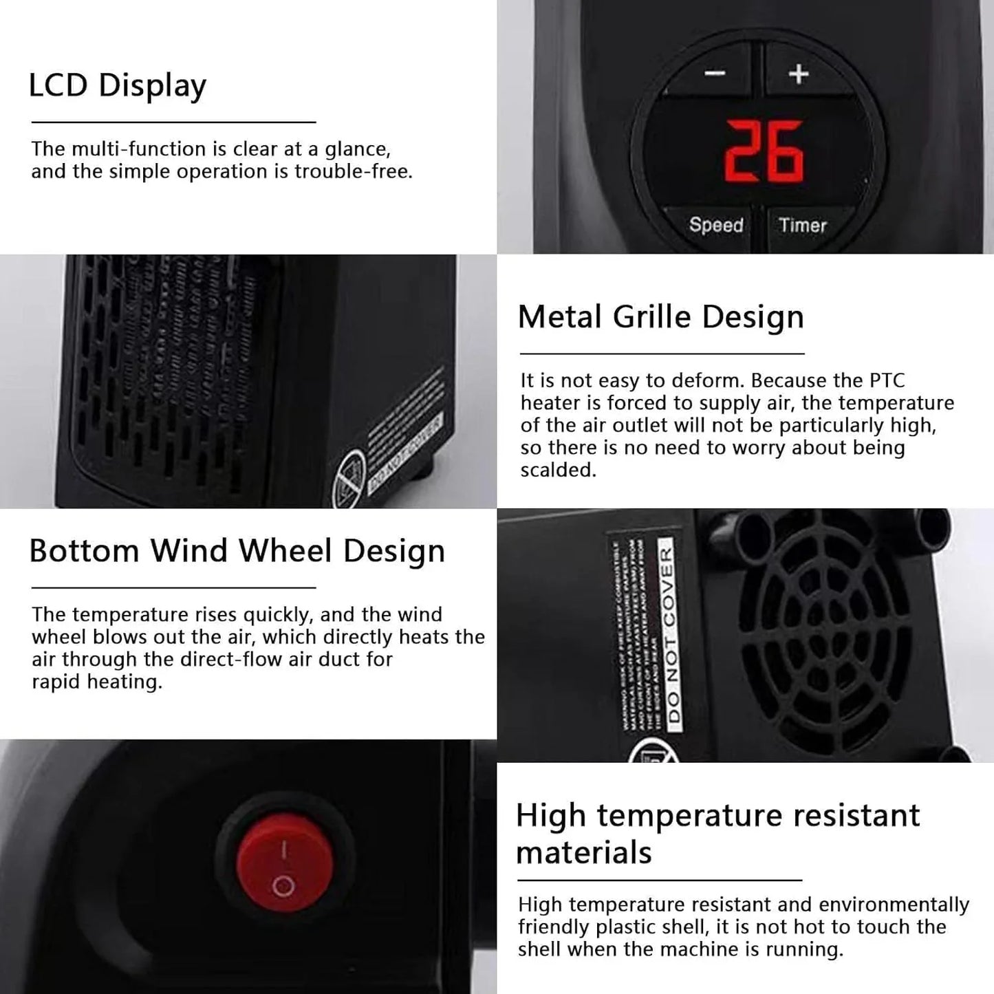 Product features of a heater with text on LCD display, metal grille design, bottom wind wheel design, and high temperature resistant materials.