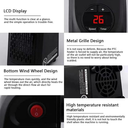 Product features of a heater with text on LCD display, metal grille design, bottom wind wheel design, and high temperature resistant materials.