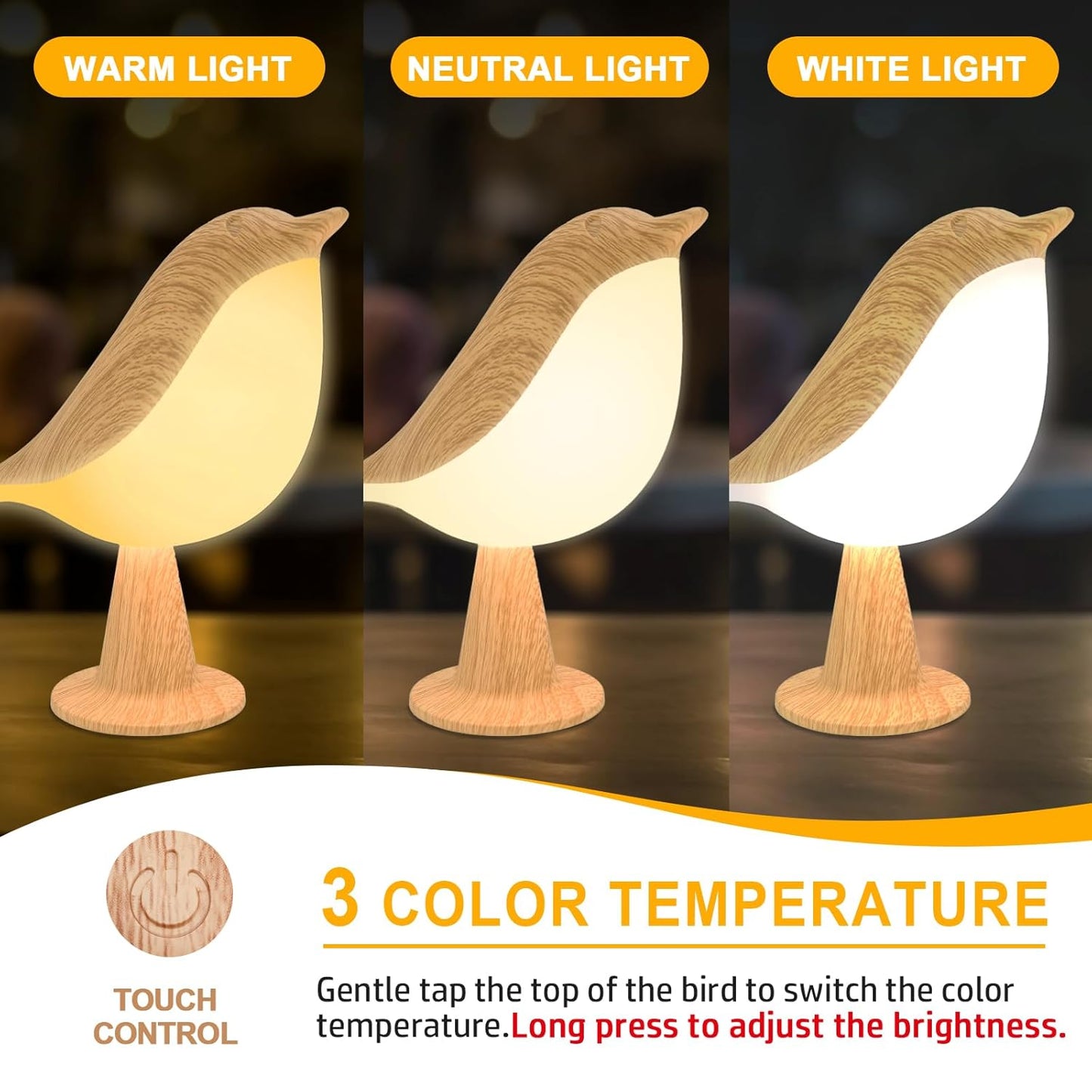 LED Table Bird Lamp – Touch Control USB Rechargeable Night Light