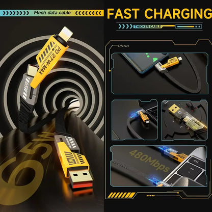 Mechanical data cable with fast charging text and close-up details on a dark background