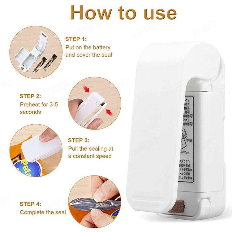 Instructions on how to use a white sealing device with step-by-step illustrations.